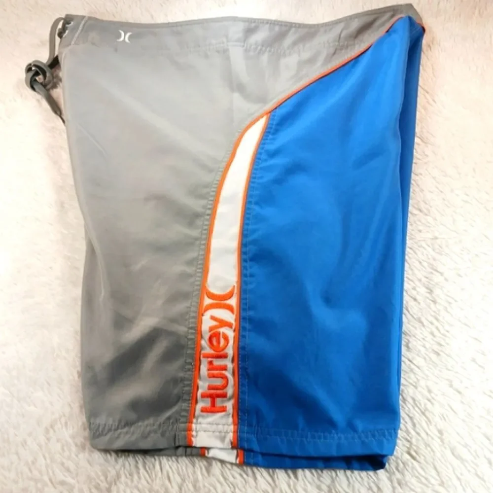 Hurley Board Shorts Mens 38 Gray Front Blue Back 1 Pocket Orange White Accents.. - Picture 9 of 9
